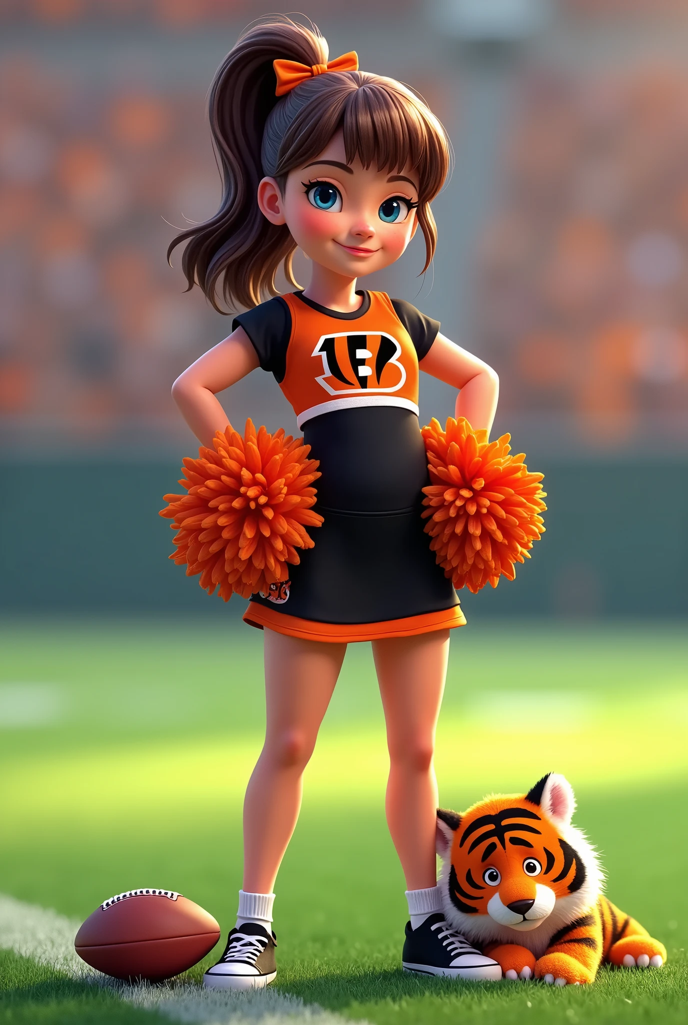 
Bengals cheerleader tween 
Chunky body
Brown hair, medium length in ponytail, bangs, 
blue eyes 
football field
Black & orange  one piece outfit  with Bengals logo  black shoes 
No socks
 hair bow 
With tiger hugging
Smiling 
Football on ground
Pompom on ground 
