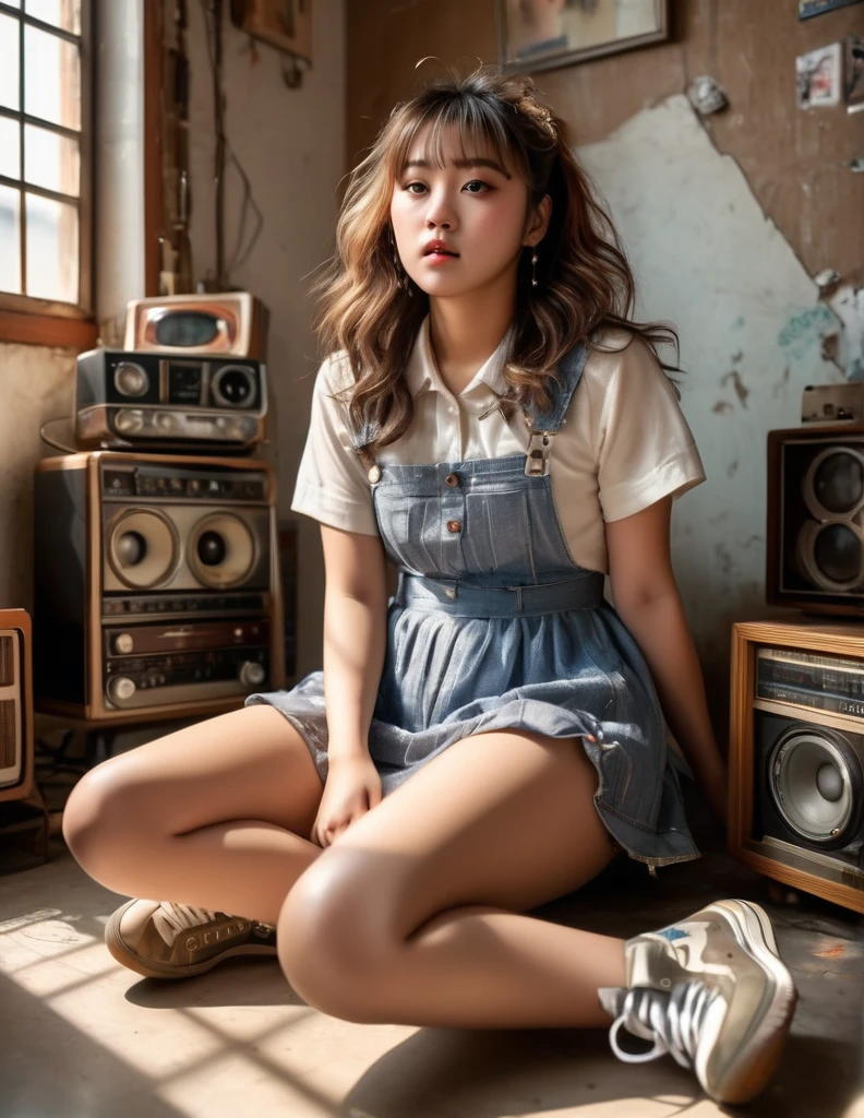 (angle from below:1.3), (wide photo shot:1.3), (High quality photo:1.5), 1women, a sweet kpop idol women with a warm expression in messy room with pile of old radios walls, wearing partterned babydoll dress, (open legs:1.5), sneakers, (pretty chubby:1.2), 90s hairstyle with bangs, natural sunlight, (intricate pose:1.3), (she need sex:1.2), (anatomically correct:1.3), poetic photo style, realistic object, (ultra highly detailed:1.2), (realistic face and eyes:1.3), real skin, (sunlight and shadow:1.3), full body view, (sharp focus:1.2), shot by mamiya R67, kodacrhome, dynamic composition
