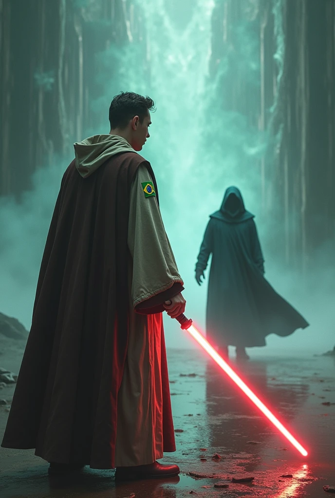Create an image with Elon Musk's Star Wars Obi outfit with a Brazil patch facing Voldemort in a battle
