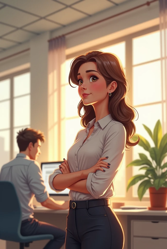 At the company office、With her arms folded and a slight smile、Watching a colleague working、Illustration of a woman around 40 years old
