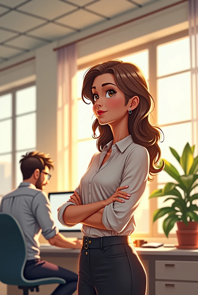 At the company office、With her arms folded and a slight smile、Watching a colleague working、Illustration of a woman around 40 years old