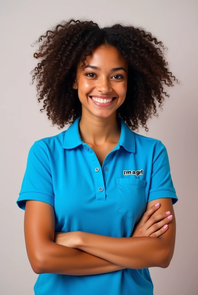 A young Latina lady wearing an electric blue polo shirt with the word "I'm a girl" printed on the pocket "CRECE MASS" In uppercase. She must be smiling and with her arms crossed.