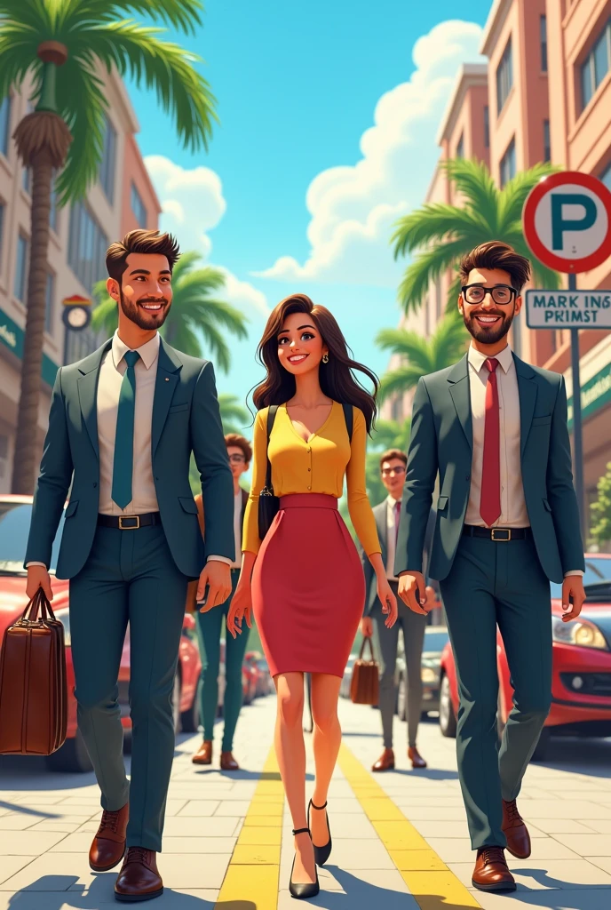 Men in formal clothes with briefcase, women in modest colorful dresses and handbags, walking through the streets, everyone happy. And that there are parking signs, with animated illustrated theme.