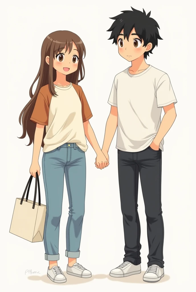 Two chibi manga couples, the girl has an off white T-shirt on with brick brown half sleeves and light blue jeans. The girl is also carrying a white tote bag. The guy has worn black faded jeans with plain white button up shirt and the guy’s hair is black and curly and the girl’s hair is brown and straight. Both are wearing WHITE shoes