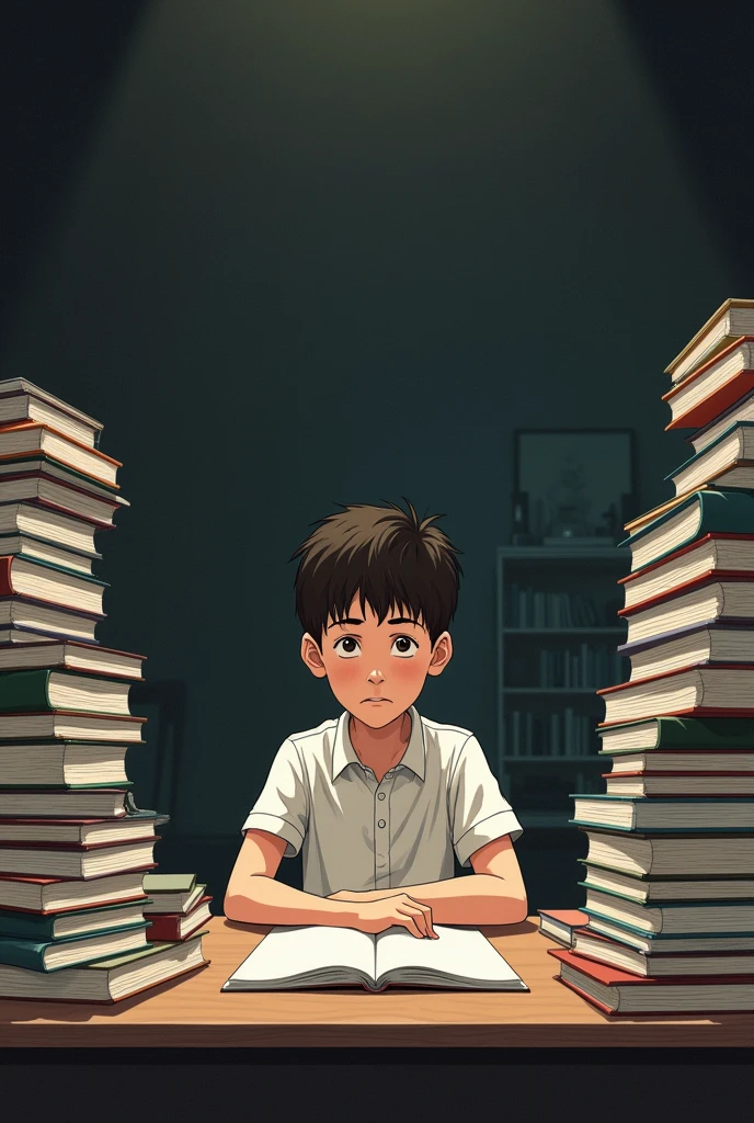 Boy seating in a table where lots of books with study pressure

