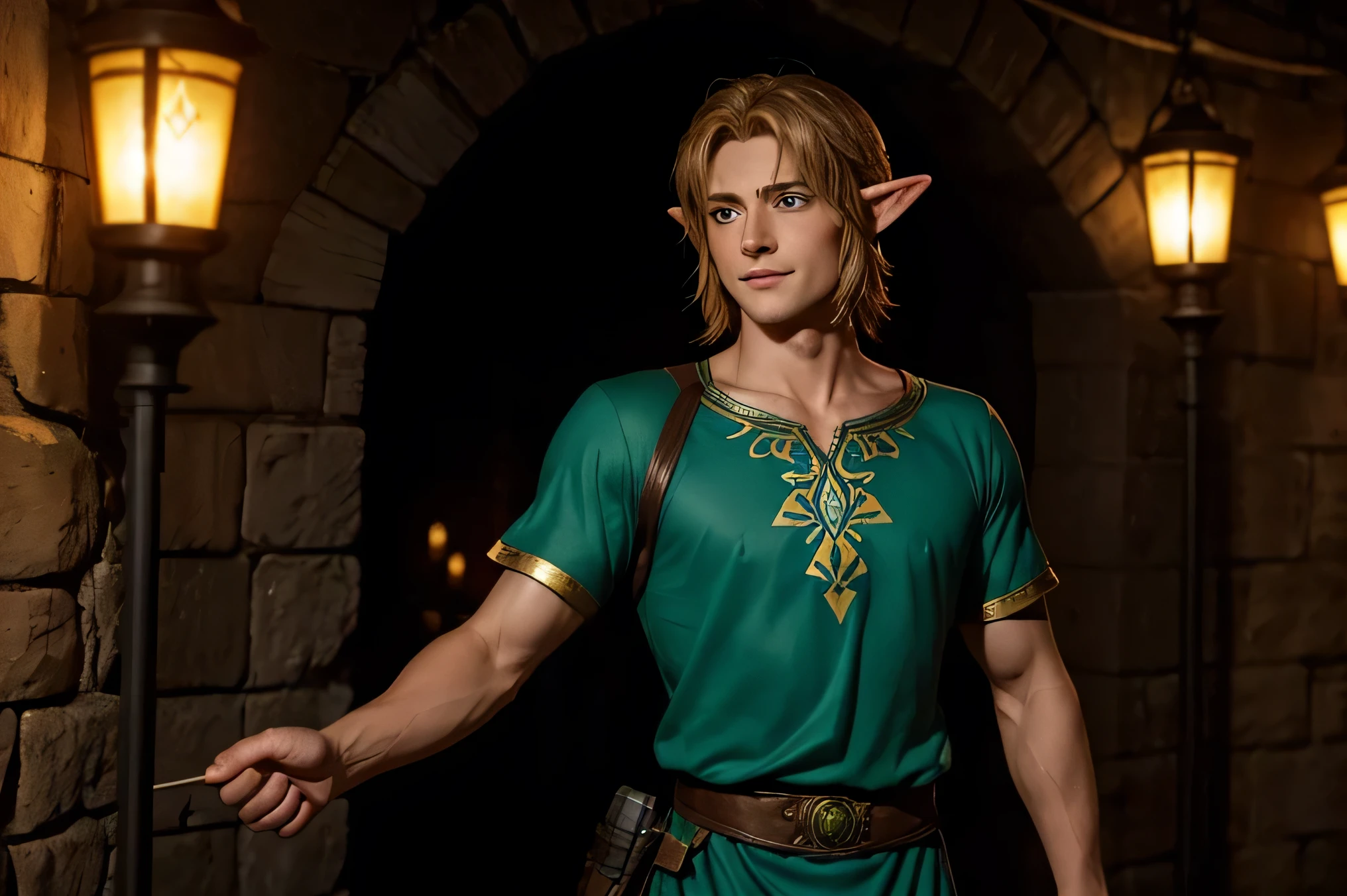 In a dimly lit dungeon, Link stands with a slight, relieved smile on his face as he watches Princess Zelda, who is dressed in a regal white gown with gold embroidery. Zelda's expression is one of gratitude and relief. The background features the grimy, stone walls of the dungeon, with a faint light from a torch or lantern casting shadows. Link's facial features are detailed, with his sharp blue eyes and slightly tousled brown hair. His green tunic and elven attire contrast with the dark, oppressive atmosphere of the dungeon. Link's posture is relaxed, reflecting his sense of accomplishment and relief after rescuing Zelda. The scene captures the moment of triumph and relief in the midst of a tense and challenging environment.