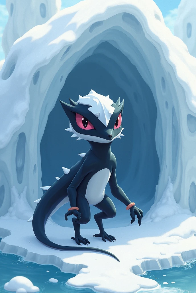 a "Snow Zora", a creature with dark and light colorations, resembling a "Pengator" from a distance. This creature lives in houses made of snow and ice, located near icy waters or on the sides of icebergs.