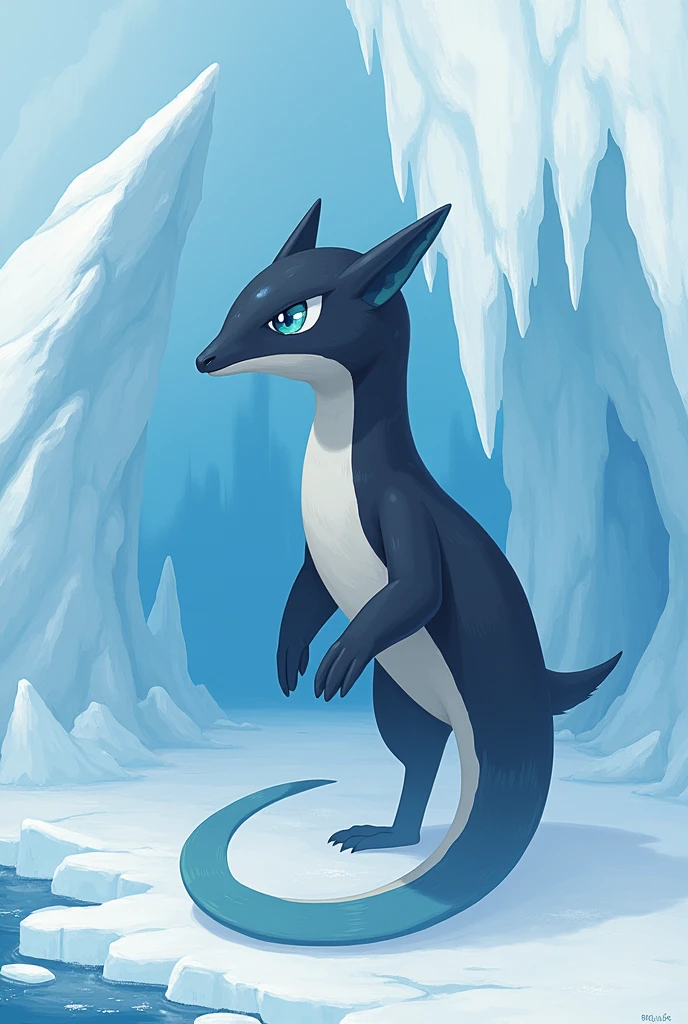 a "Snow Zora", a creature with dark and light colorations, resembling a "Pengator" from a distance. This creature lives in houses made of snow and ice, located near icy waters or on the sides of icebergs.