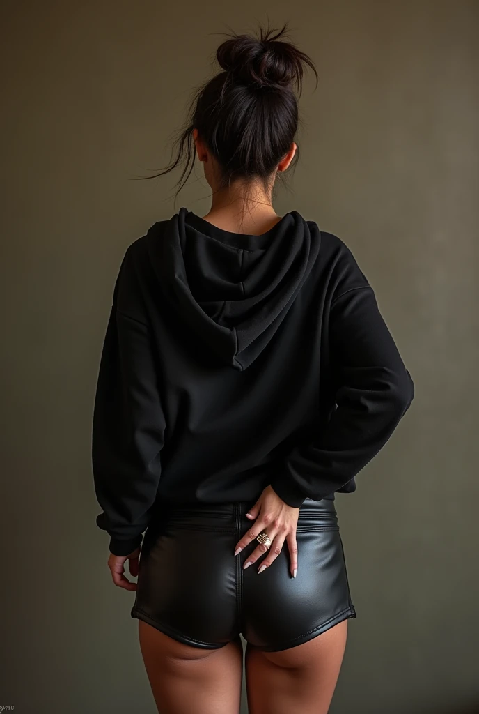 black woman hair in a bun black hoodie black leather short shorts being fucked in the ass by a old grandma in a dress