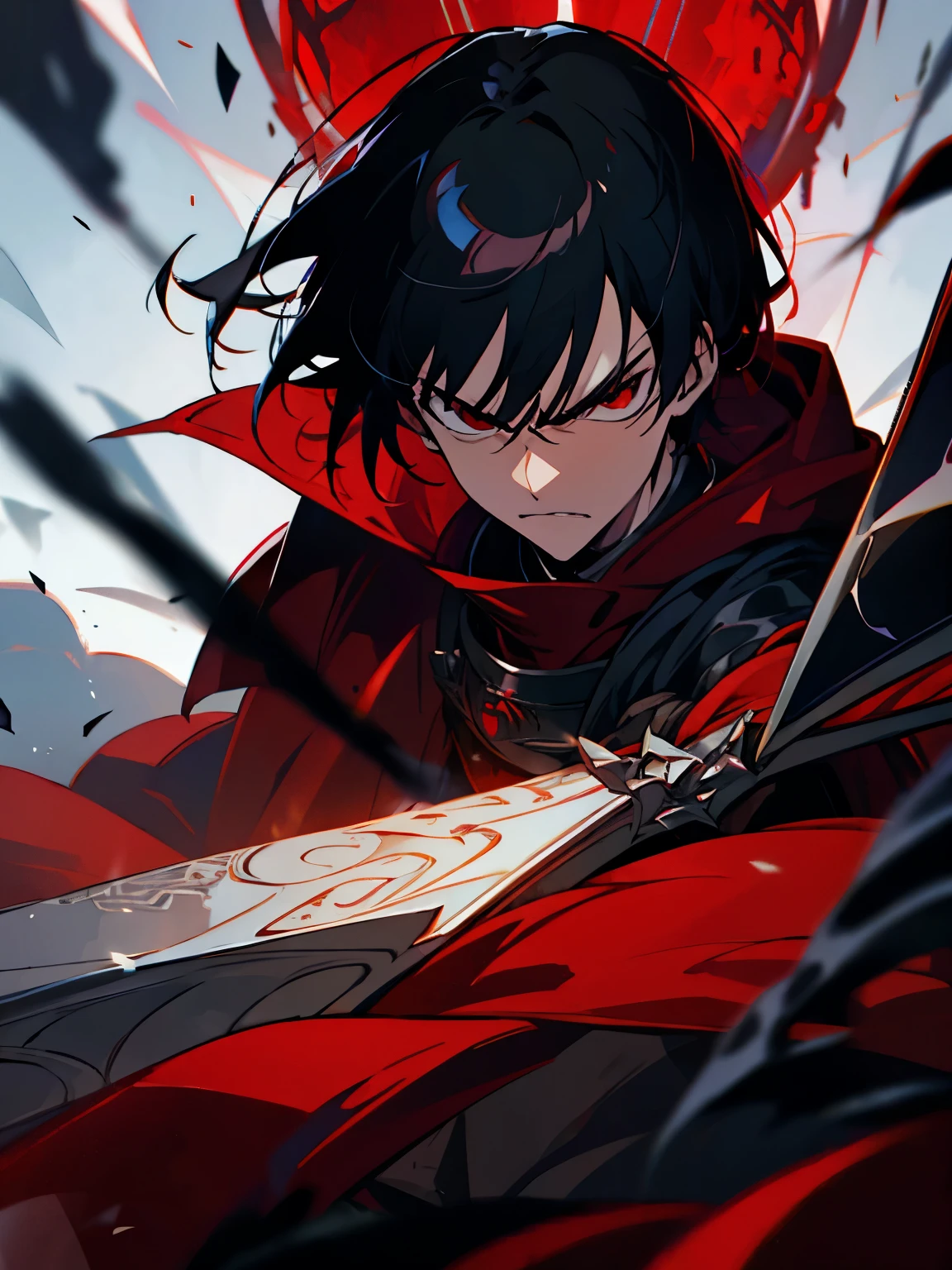 Knight, man, black hair, red eyes, black iron armor, red cloak, very angry face, focus on the face, handsome, cool