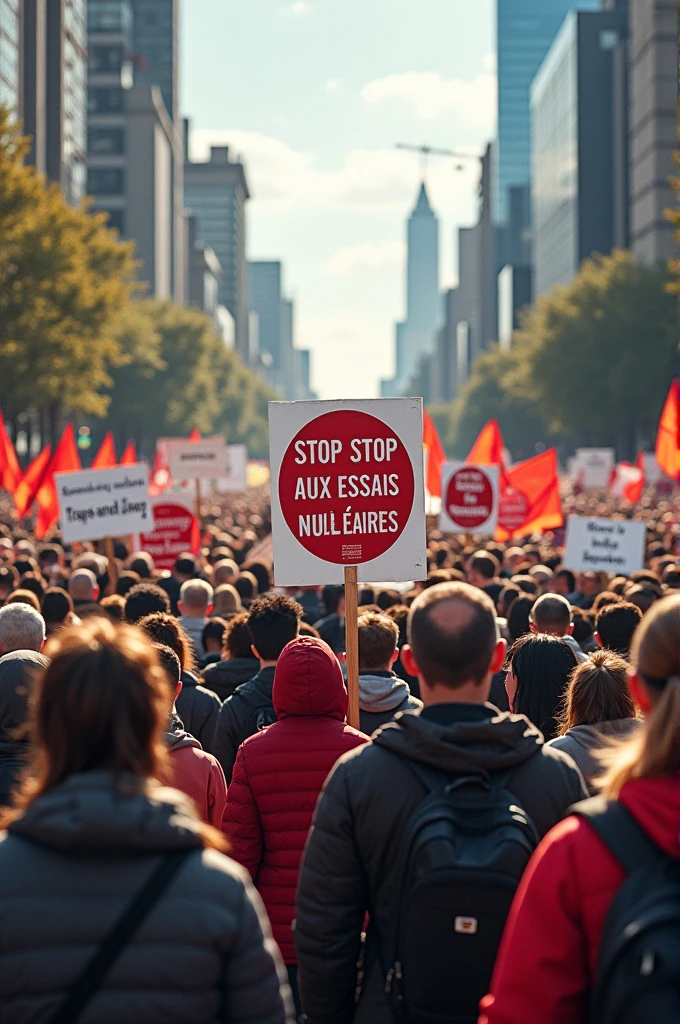photo realiste Journée internationale contre les essais nucleaires. Manifestation ecrire " stop aux essais nucléaires" en francais