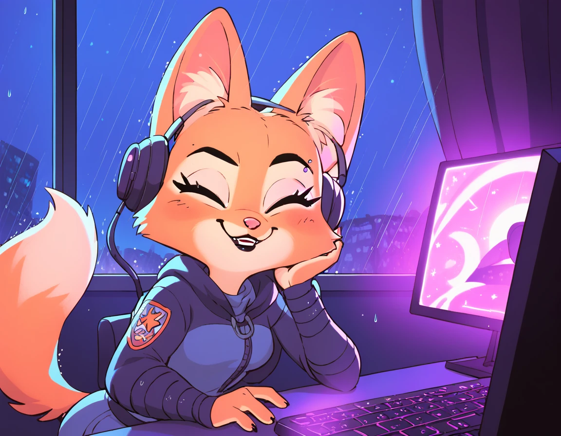 purple leds, purple leds, retro style, 80s, pink neons, Lo-Fi Aesthetics, pink lights, Diane foxington, ginger fur, emerald eyes, black lipstick, black eyebrows, silver piercings on eyebrow, fox tail, sitting in a chair, in front of a computer, headset with leds, closed eyes, relaxing, dark bedroom, night, window, rain, by diives