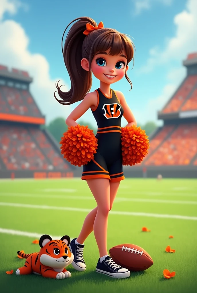 Bengals cheerleader tween
Chunky body
Brown hair, medium length in ponytail, bangs,
blue eyes
football field
Black & orange one piece outfit with Bengals logo black shoes
No socks
hair bow
With tiger hugging
Smiling
Football on ground
Pompom on ground