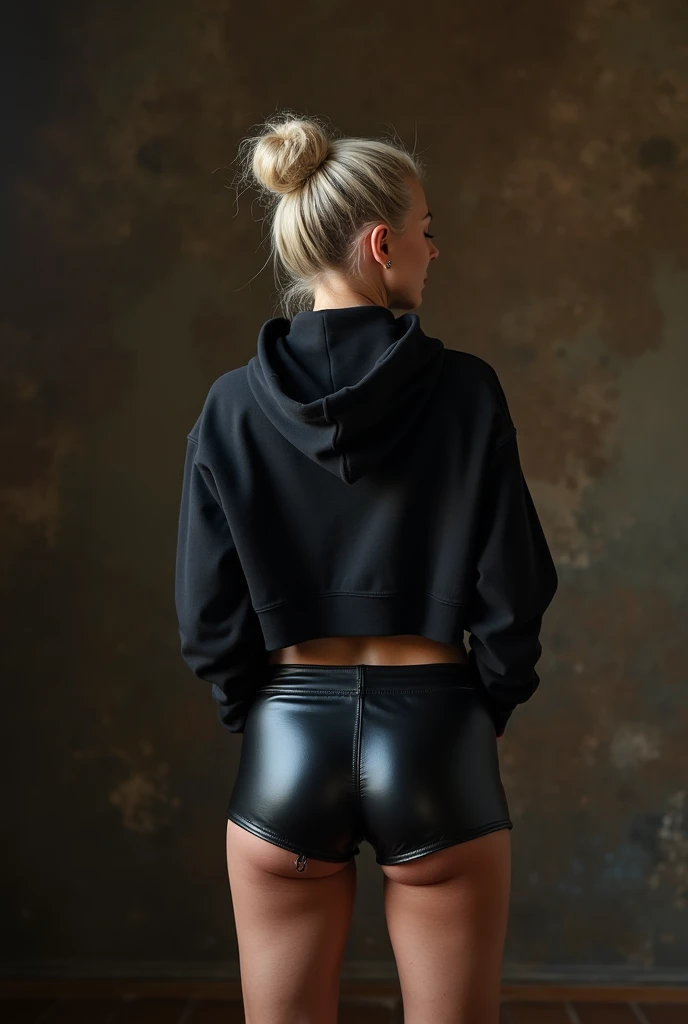 black woman hair in a bun black hoodie black leather short shorts being fucked in the ass by a old grandma in a dress