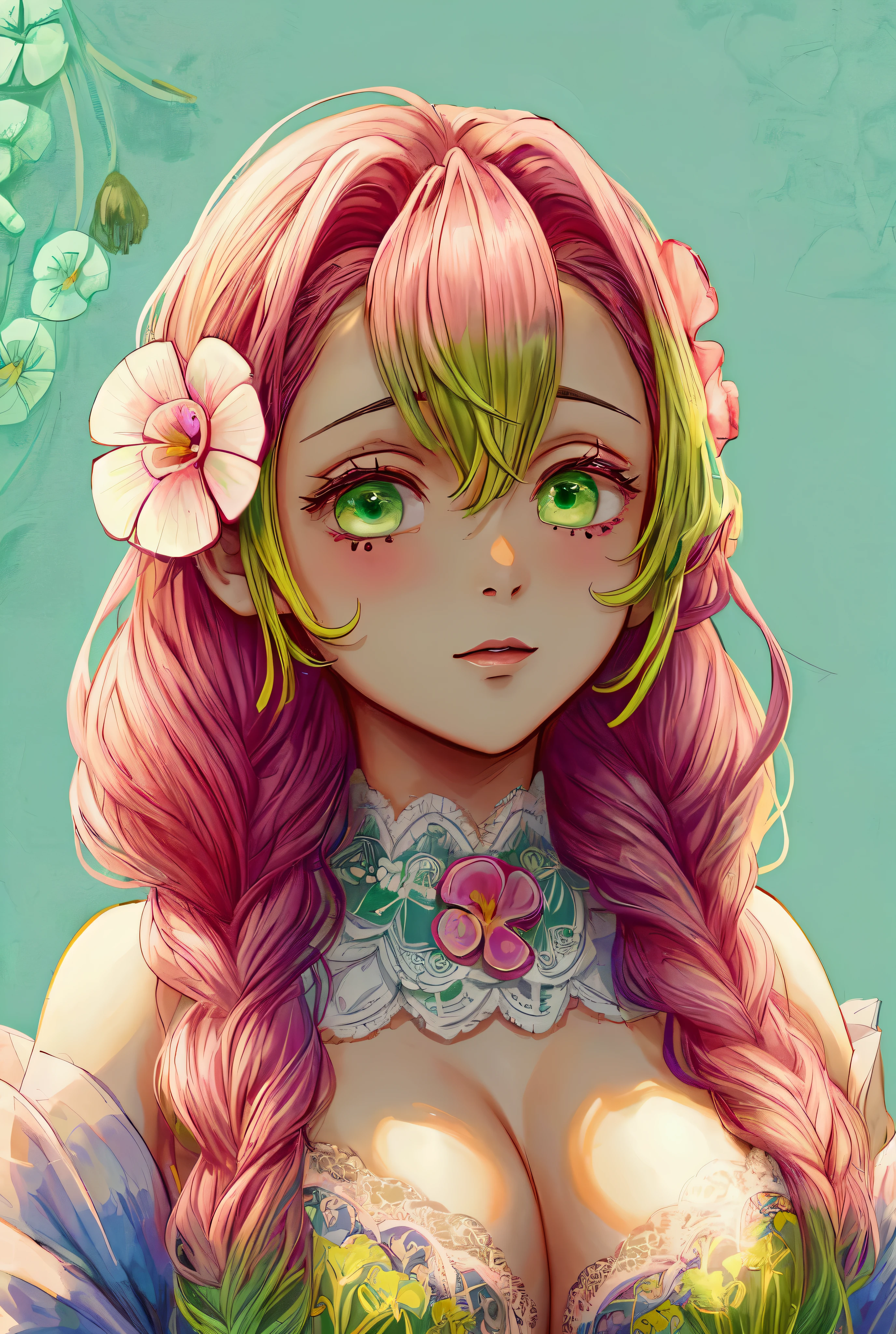 Convert your flower art into a hand-drawn illustration.、Create backgrounds with vibrant colors and unique touches　The type of flower is statice、Gypsophila、sweet pea、Mix in some lace flowers, portrait, face portrait, big breasts, cleavage, pink hair, green eyes, (green highlights), green braids, 