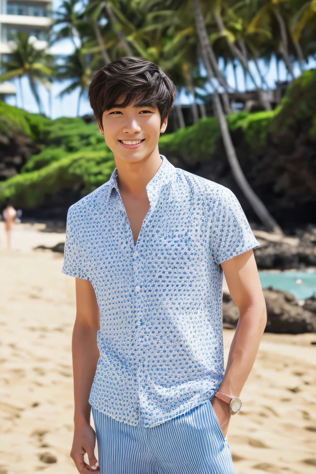 Age 25々Cool guy、What it's like to be a model、Chic and casual clothing、Delicate face、good looking、The hair color is brown、Brown eyes、Daytime on a sunny day、Cool standing figure、The scenery in the background is a cityscape、Live-action shooting style、high quality 8k、Bright smile、Like a model、Waikiki Beach in Hawaii、