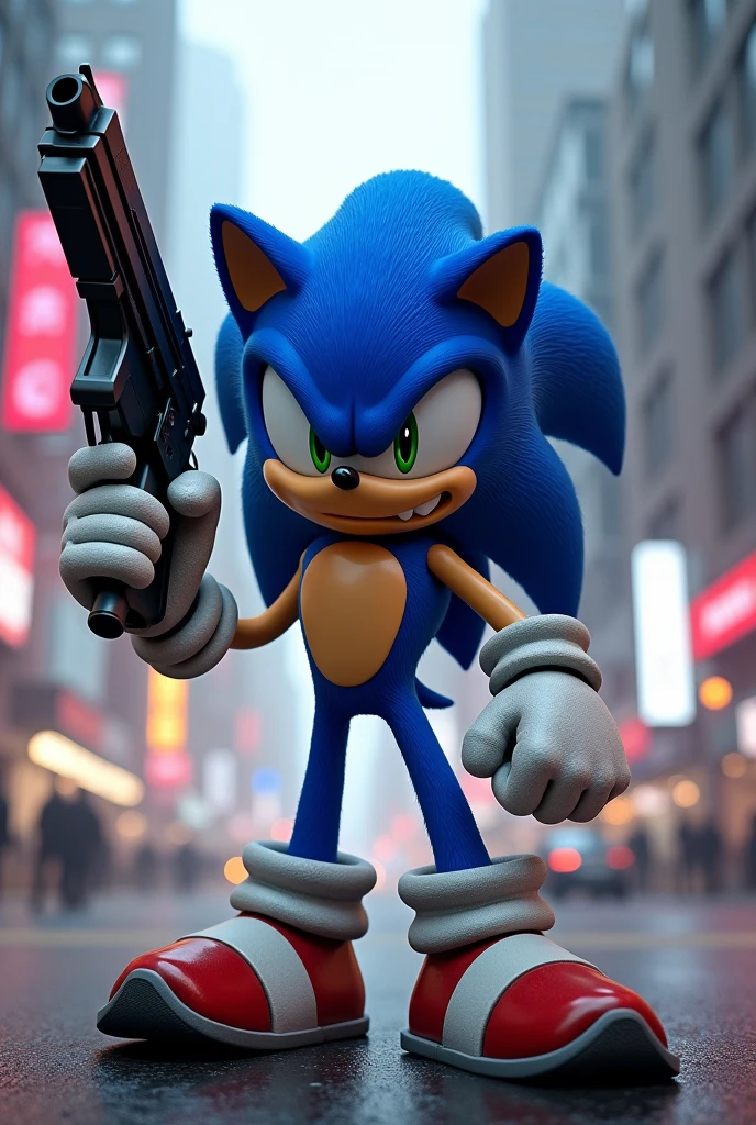 Sonic in a city with a gun in his hand showing the middle finger