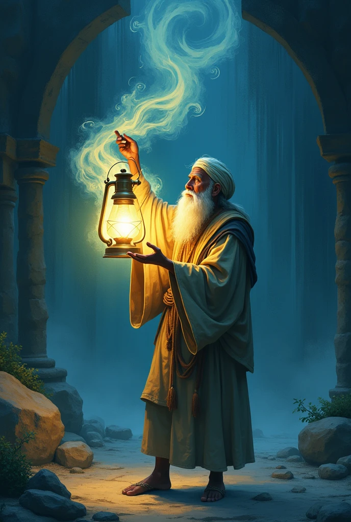 An easy drawing of  a fakir holding a glowy lantern and raising it reveiling a.swirl of its magital mist