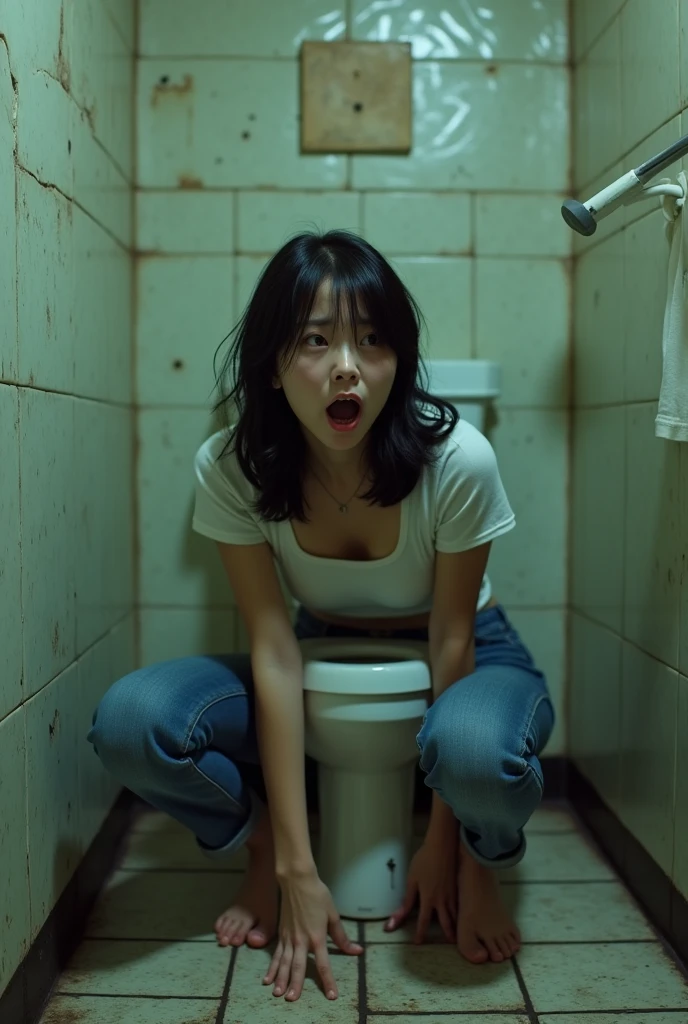 (Old public toilet)Korean actress with black hair Korean woman.Wear skinny jeans that fit your body well and a short-sleeved T-shirt that fits your body well....squat on the toilet in the bathroom.very big breasts.very big breasts.jib.((8k)).With a surprised look. Scared expression slim woman.Young woman in her 20s