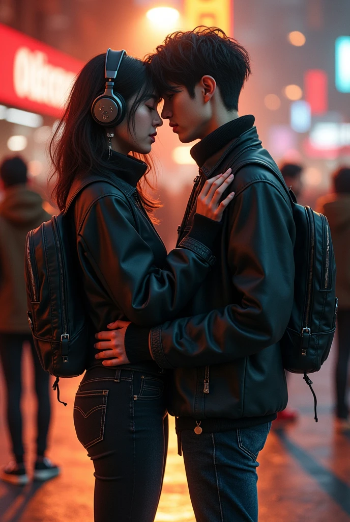 (photorealism:1.2), (cyberpunk), A couple of gothic korean young girl and young man hugging eachothers in the public area, headphones, backpack, wearing thight sweater pressing on the body and rocker jeans, sneakers, ((realistic)), intricate details, warm colors, by Greg Rutkowski, by Alphonse Mucha