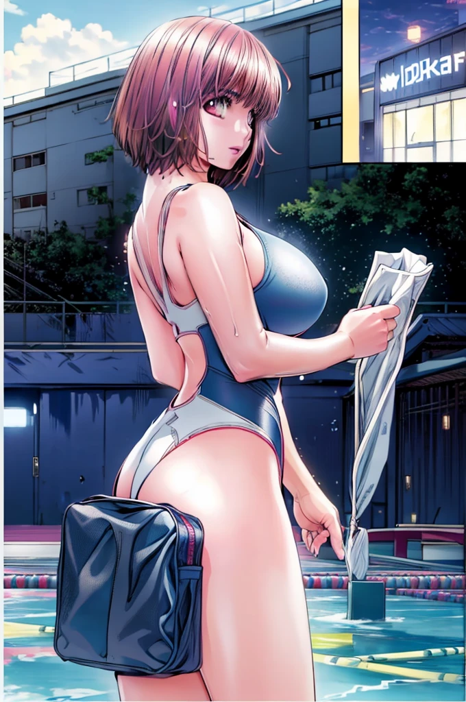 A boyish beauty with big breasts, beautiful legs, and short hair is standing by the pool in a wet, bright pink high-cut swimsuit with the arena logo and lettering.。
