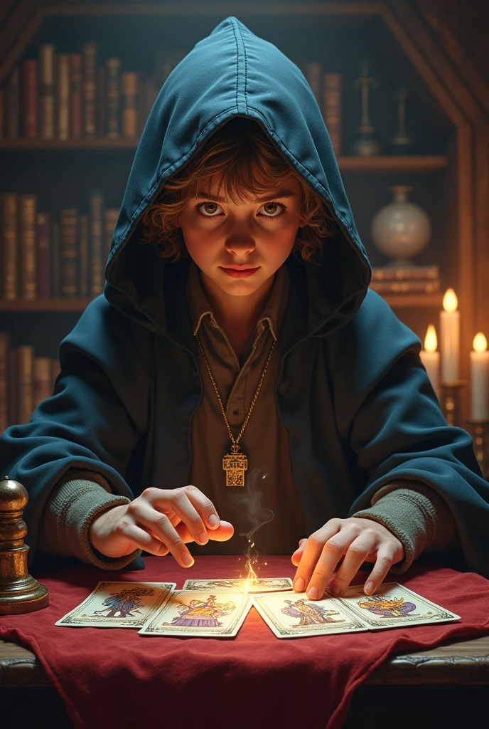 Create an image of a young wizard doing a tarot reading, the wizard has short hair, light brown curled up and wears a cape