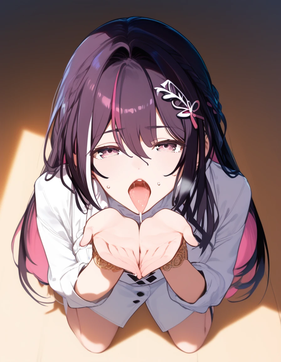 AZKi-default/Hololive,1girl,medium breast,long hair,sideburns,multicolored hair,streaked hair,dark purple hair,pink colored inner hair,light magenta eyes,hair accessory,white and blanchedalmond clothes,long sleeves,gold bracelet,bare legs,black boots,,,(face focus:1.2),,,,score_9, score_8_up, score_7_up,best quality, official art, official style,source_anime,,,,,1girl,solo,back lighting,in hotel,heavy breath,shiny skin,sweat,half-closed eyes, looking at viewer(look up:1.2),,,,kneeling on floor,spread legs,shirtlift,showing breasts,puffy nipples,open mouth,stick tongue out,drooling,uvula,(from above1.5),front view,cupping hands, solo focus, own hands together,drooling,
