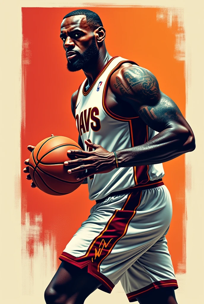 A stylized, dynamic vector illustration of a lebron james, posed in a powerful, athletic stance, showcasing its Strength and agility, set against a bold, plain background that resonates with the energetic vibe of a basketball court, the buck s body is depicted in a metallic, , with intricate, geometric patterns and lines that evoke a sense of modernity and speed, with a fierce, determined gaze, the illustration style is sleek, streamlined, and graphic, with bold lines, and a mix of smooth, curved shapes and sharp, angular edges, the overall design is meant to evoke a sense of power, energy, and competitive spirit, perfect for a basketball jersey.