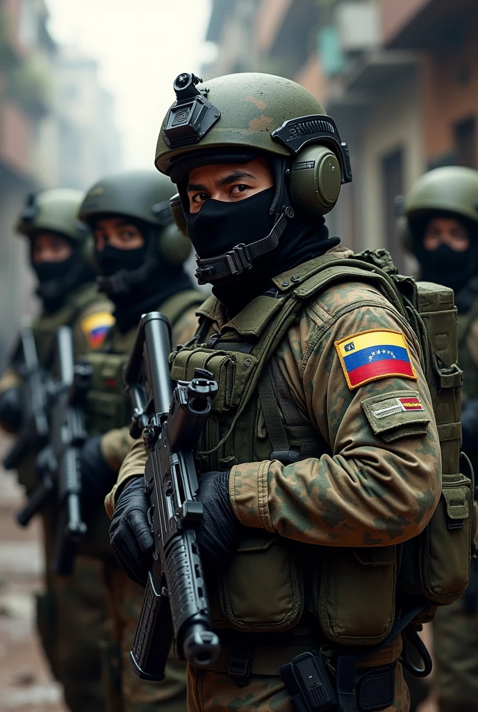 Create a group of military type Commandos with their faces covered Venezuelans from PLAN Z,  Add the flags of Venezuela to your arms