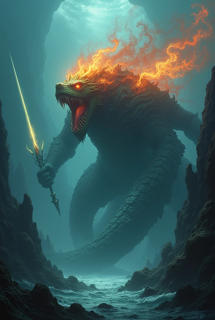 Monster that lives at the bottom of the ocean ruling the ocean that has a head of fire and a sword of wind