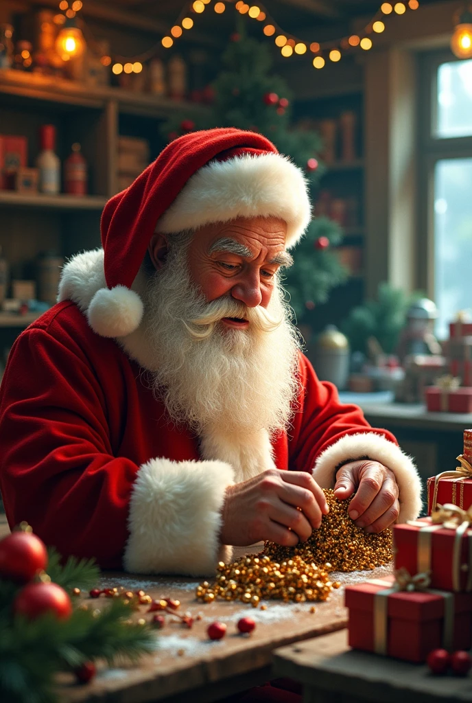 In a workshop filled with the warm glow of twinkling lights, Santa Claus toils amidst stacks of colorful toys and shimmering tinsel. His rosy cheeks are framed by a snowy white beard, and his eyes twinkle with joy as he meticulously crafts each gift with care and love. This enchanting scene is depicted in a beautifully detailed fotorealist. Rich hues of red and green dance across the canvas, filled with intricate details that bring the scene to life. The image radiates a sense of wonder and delight, drawing viewers into the heartwarming tale of Christmas cheer.