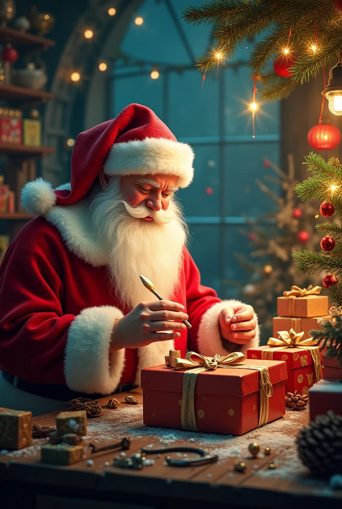 In a workshop filled with the warm glow of twinkling lights, Santa Claus toils amidst stacks of colorful toys and shimmering tinsel. His rosy cheeks are framed by a snowy white beard, and his eyes twinkle with joy as he meticulously crafts each gift with care and love. This enchanting scene is depicted in a beautifully detailed fotorealist. Rich hues of red and green dance across the canvas, filled with intricate details that bring the scene to life. The image radiates a sense of wonder and delight, drawing viewers into the heartwarming tale of Christmas cheer.