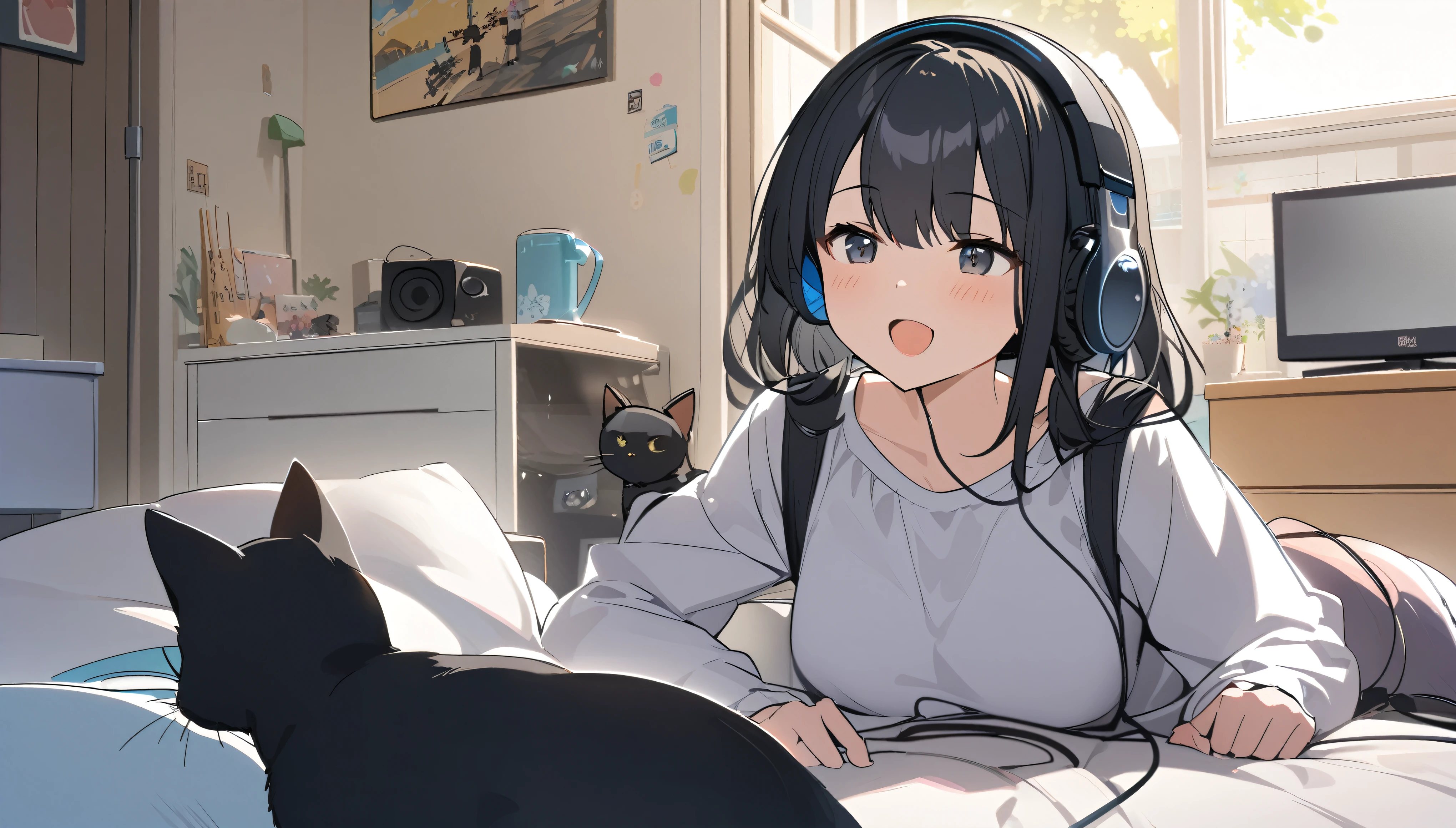 A woman with black hair and cute clothes having fun talking to a black cat in her room,Streetscape、Listening to music with headphones、Japanese