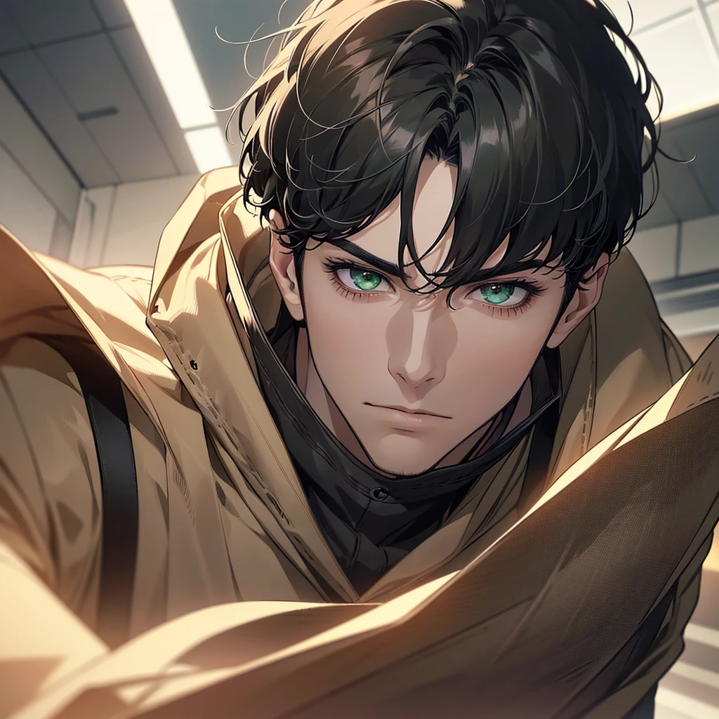 (Highest quality, masterpiece, 8k, Realistic, Cinema Lighting, HDR image, Super detailed, Beautiful images), 1 person, 3, Mature Men, very handsome, (Expressionless), Short black hair, Green Eyes ( Sharp Eyes), perfect face no errors, Intimidating posture, Doctor, Hospital Background,Parted bangs, anime,