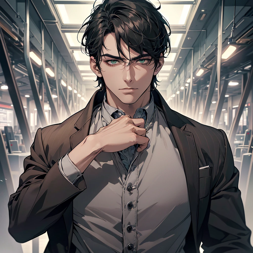 (Highest quality, masterpiece, 8k, Realistic, Cinema Lighting, HDR image, Super detailed, Beautiful images), 1 person, 3, Mature Men, very handsome, (Expressionless), Short black hair, Green Eyes ( Sharp Eyes), perfect face no errors, Intimidating posture, Doctor, Hospital Background,Parted bangs, anime,