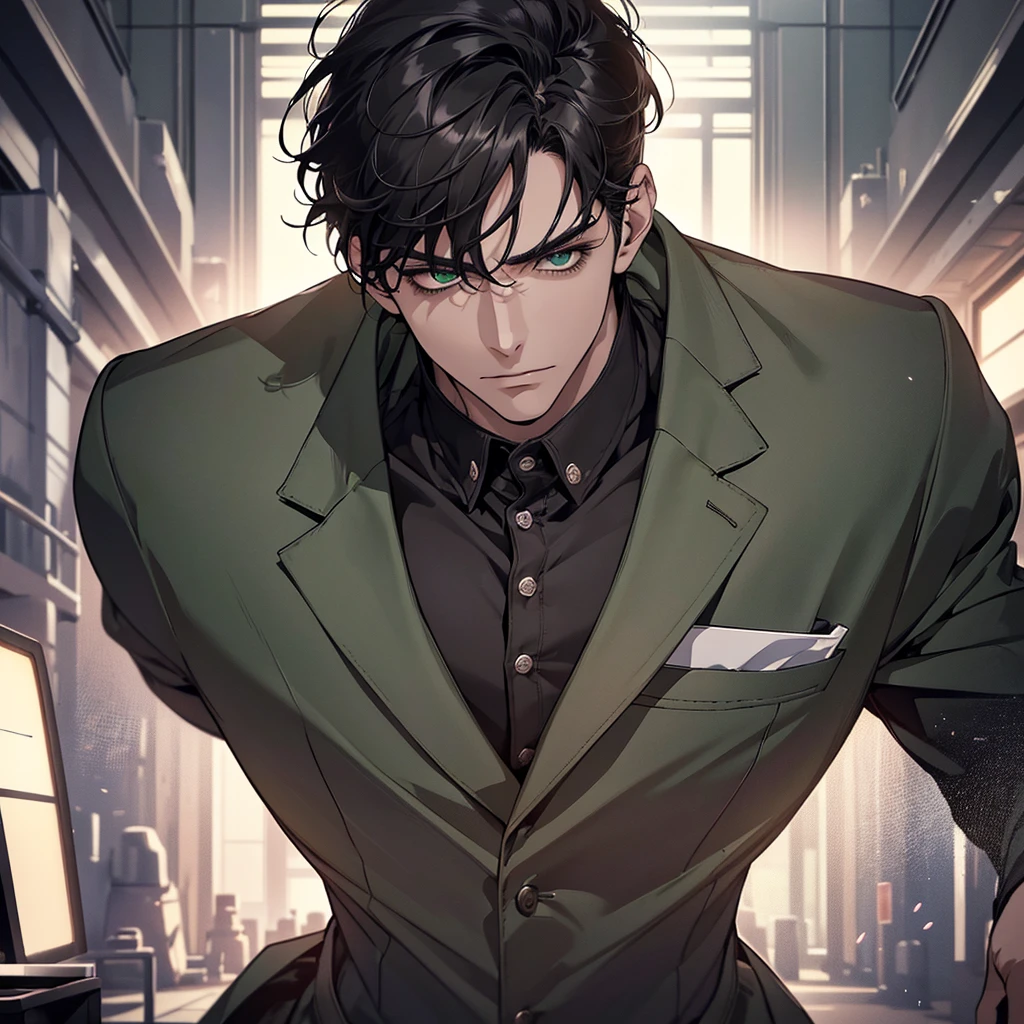 (Highest quality, masterpiece, 8k, Realistic, Cinema Lighting, HDR image, Super detailed, Beautiful images), 1 person, 3, Mature Men, very handsome, (Expressionless), Short black hair, Green Eyes ( Sharp Eyes), perfect face no errors, Intimidating posture, Doctor, Hospital Background,Parted bangs, anime,