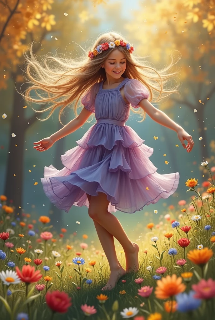 A whimsical girl with long, flowing hair made of flowers, dancing in a field of vibrant colors. Representing the winter station. Rendered in a dreamy, watercolor style.
