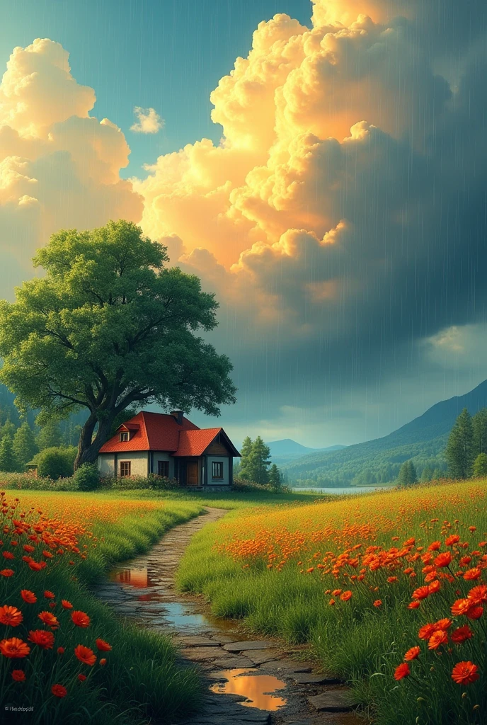 Create a landscape of a serene countryside scene during a gentle summer rain. A cozy cottage with a red roof is nestled near a large, lush green tree. The sky is filled with dramatic, billowing clouds in vibrant shades of orange and yellow, illuminated by sunlight breaking through, creating a striking contrast with the dark blue rain clouds. A narrow, winding path leads to the cottage, bordered by wildflowers in bright red and orange hues, and rich green grass. Small puddles form from the rain along the path.
The overall atmosphere is peaceful and picturesque, with a harmonious blend of nature and tranquility, depicted in highly saturated colors to enhance the vividness and charm of the landscape.