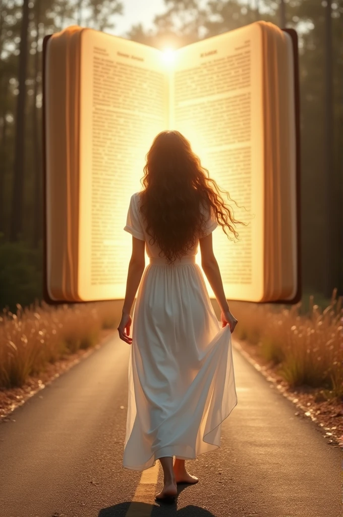 A woman in a white dress, long brown curly hair; walking on a long road. In front of him a large, shiny, open Bible, as if it were a portal