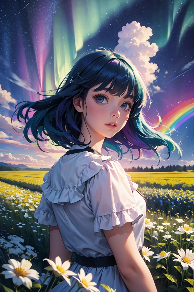 Aurora, starry sky, flower field, girl with rainbow hair, upper body 