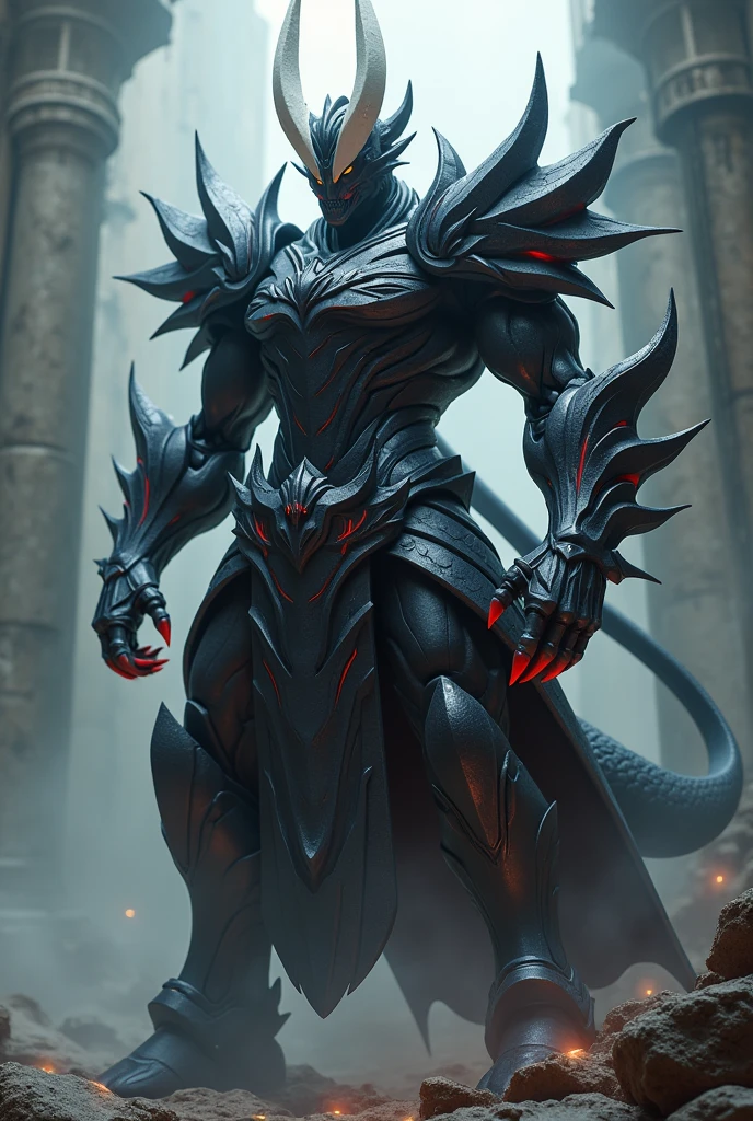 Amdusias is 2 meter tall, black armored skin, sharp red nail in each fingers, a sharp potruded chin and white small crown like v fin potrudes into the back from his forehead and a long single straight horn in his forehead, and a sharp long retractable tail. He wield pair of buster sword