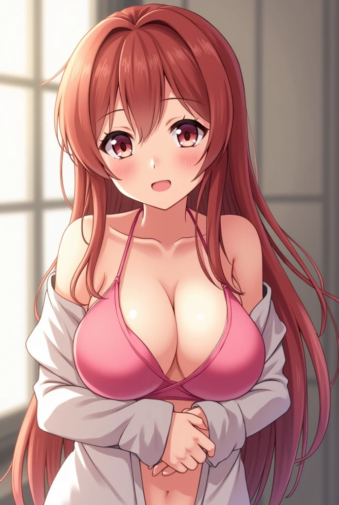 A sexy anime girl is having sex, making a happy and shy face when she cums inside her big breasts, showing her pussy.