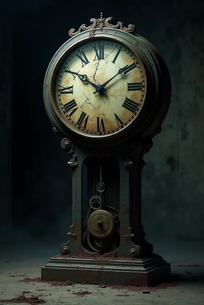 image of gloomy clock in the dark, with signs of deterioration due to lack of care and years of loneliness