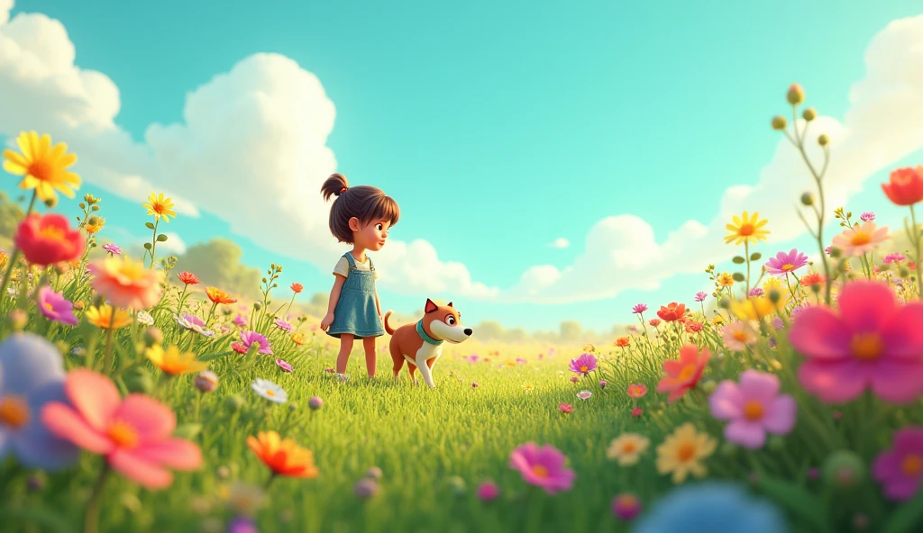 Give me a 3d picture in which margo and doggy searching something and there is lot of silence and courfull flower
