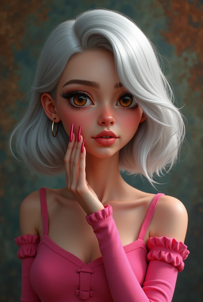 Pixar woman silver hair brown eyes long pink nails nail background