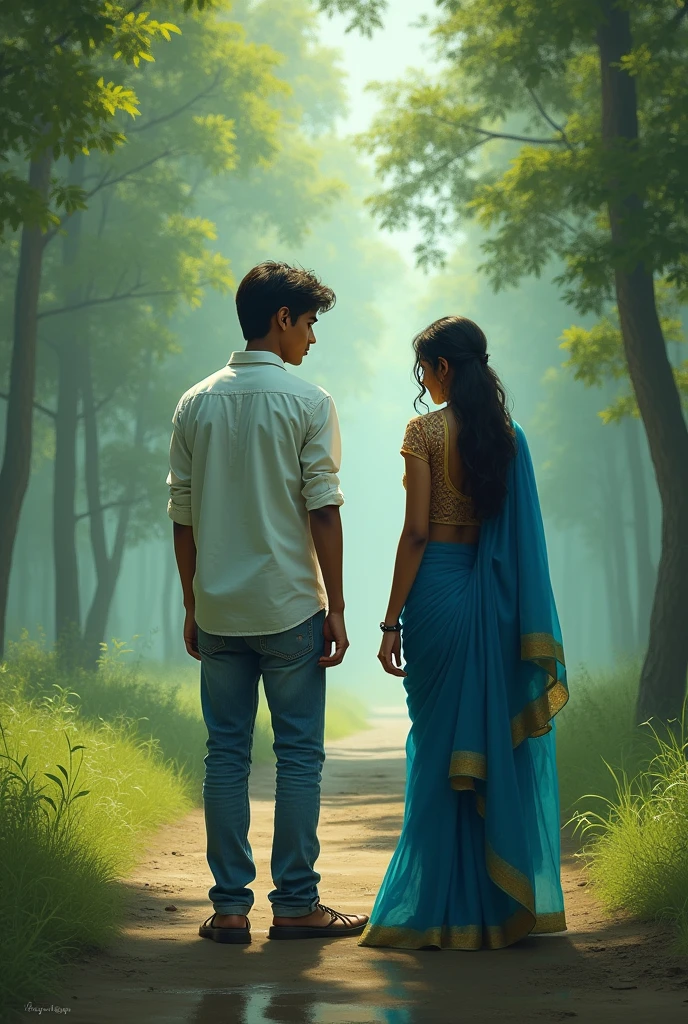 A image of two break-up sad boy couple,boy wear white shirt amr denim jeans,girl wearing blue saree, background a village loots of tree,image ratio 16:9