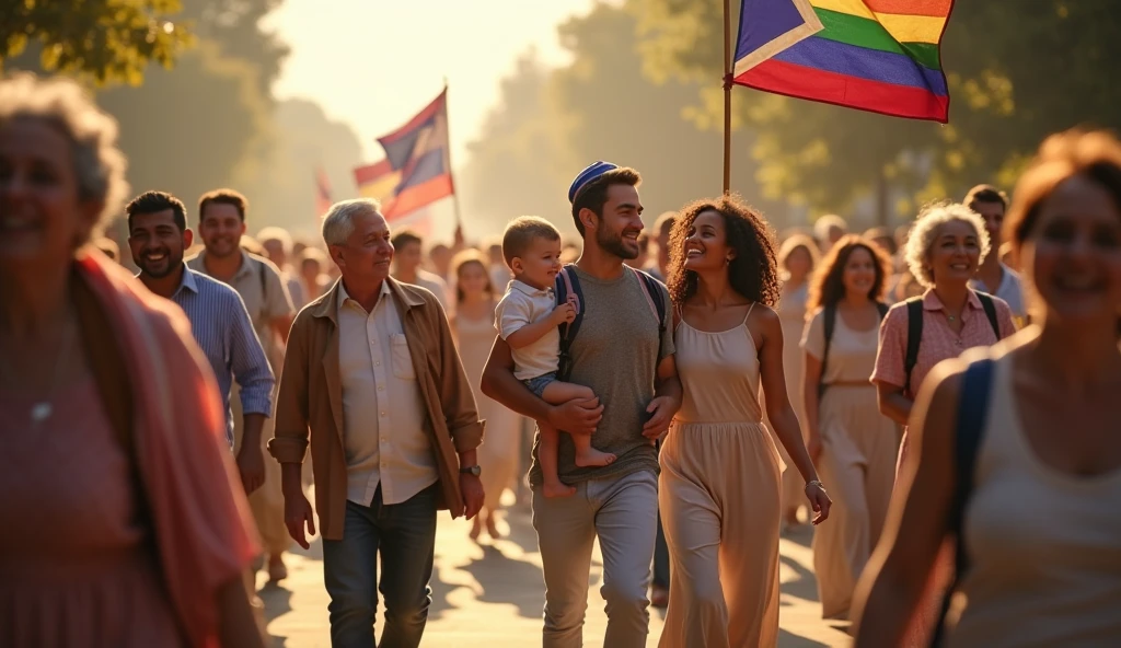 A group of people walking in a peaceful parade, people with children on their laps and elderly people, happy young people, Happy families, a Cross on a flag carried by a young man, a man with kipah, realistic dinner, volumetric lighting, cinamatográfico, 8k