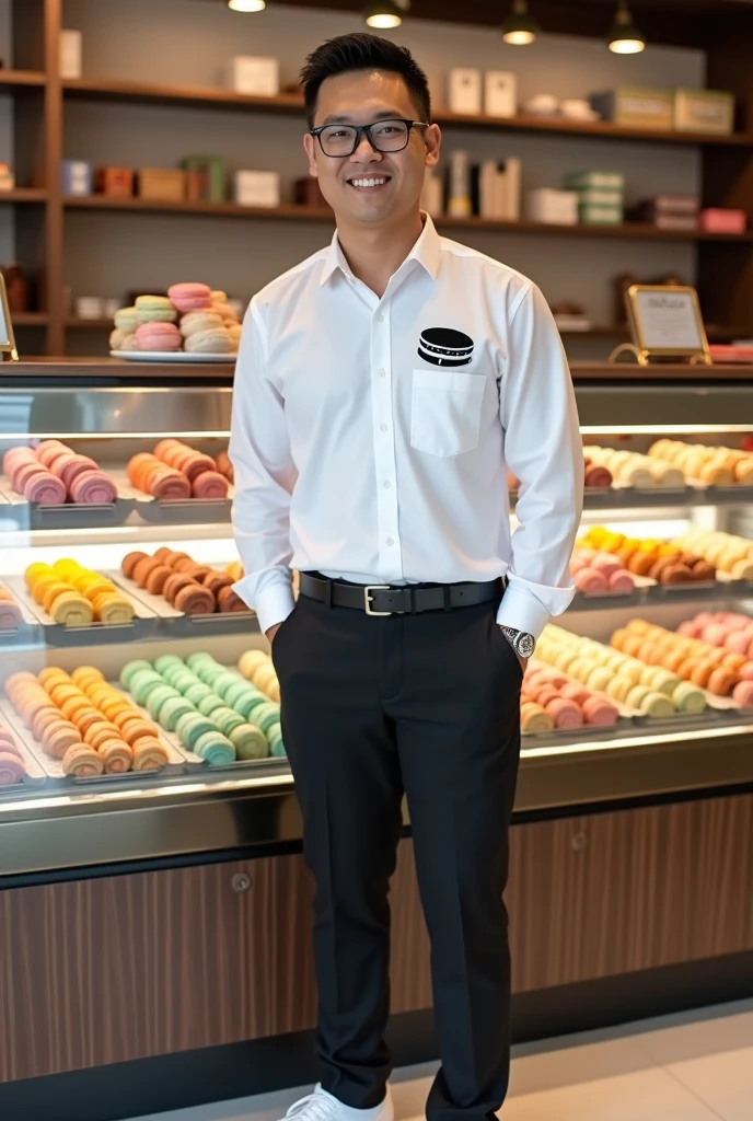 A landscape photo of a whole body of a 5'8 filipino  sales man wearing a eye glass black slocks, white shoes and white long sleeve and has a black and white print of macarons in the upper left chest and  standing in front of the chiller filled with assorted flavors of bite size French macarons 