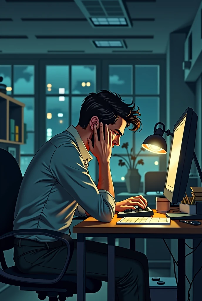 At the company office、While other colleagues prepare to go home、Illustration of a man working overtime with a painful expression