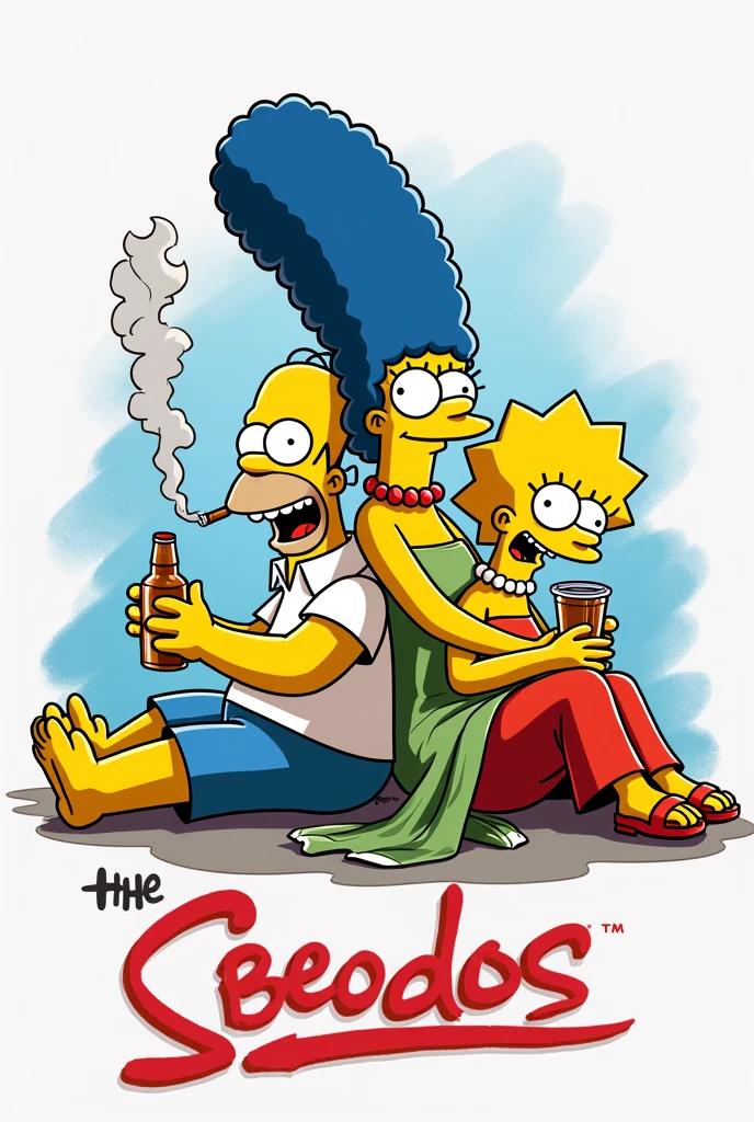 Generate etiqueta de cerveza of Homer Simpson feliz sitting on the floor smoking a cigarette, Marge Simpson feliz sitting on the floor drinking a bottle of whiskey, back to back,text "BEODOS" graffiti neon style